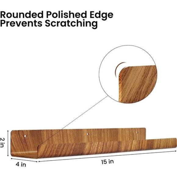 4 Wood Grain Acrylic Shelves for Wall Storage, 15" Floating Shelves Wall Mounted - Picture 6 of 7